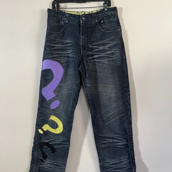 Lot 29 Embroidered Riddler Jeans Sz 34x31 DC Comics Rare Batman Denim - Picture 2 of 11